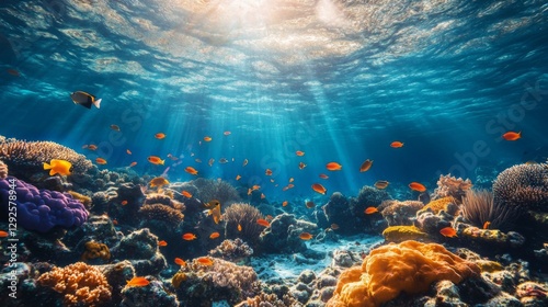 Underwater coral reef vibrant sun rays photo