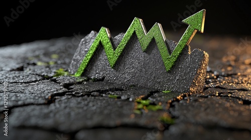 A green, zigzagging arrow emerging from cracked earth, symbolizing growth or recovery.