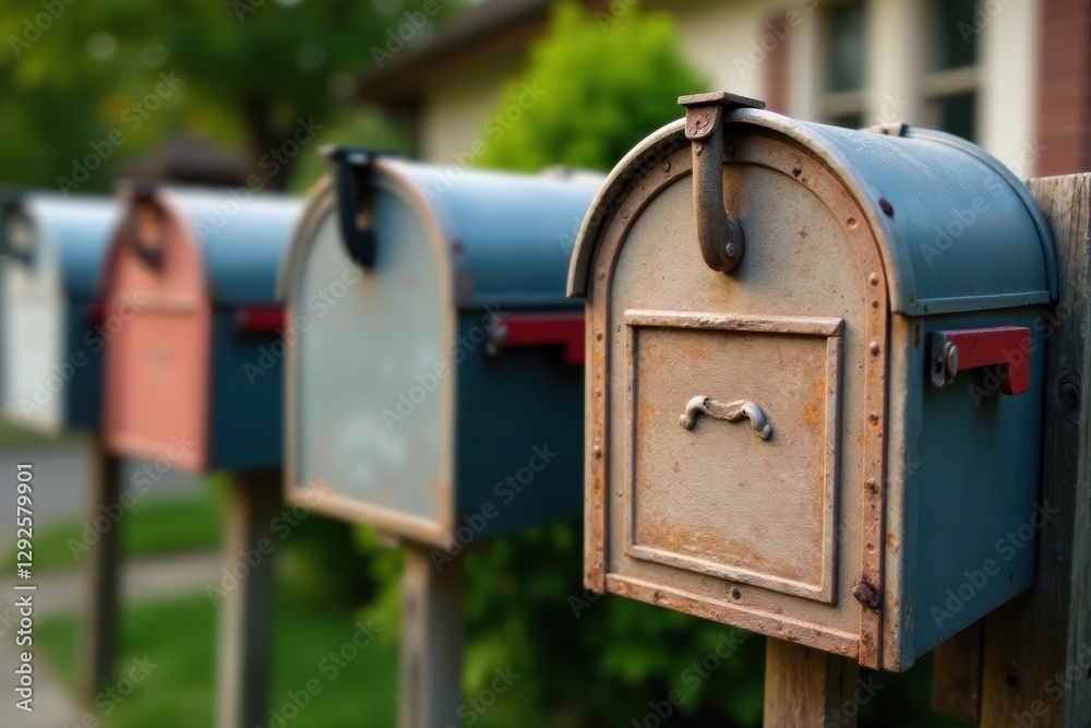 A Row of Weathered Mailboxes on Wooden Posts in a Suburban Setting A Row of Weathered Mailboxes on Wooden Posts in a Suburban Setting