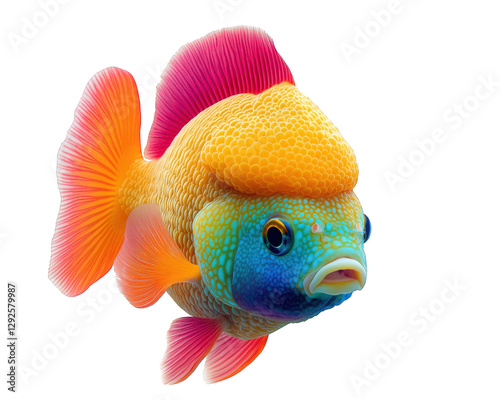 vibrant goldfish with round body and colorful fins swimming gracefully. Its bright orange, pink, and blue hues create stunning visual against transparency background photo