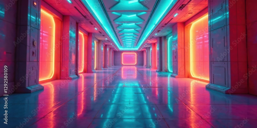 Fototapeta premium Futuristic Neon Corridor Vibrant Pink and Teal Lighting Reflecting on a Gleaming Polished Floor