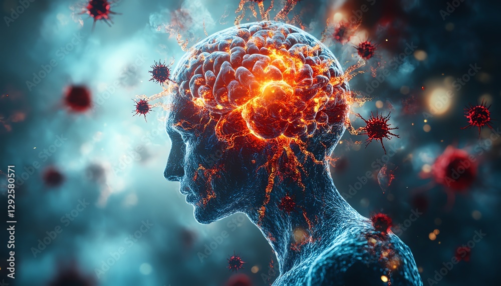 3D visual representation of meningitis inflammation affecting the brain and spinal cord, showing the impact of swelling and infection in vibrant, realistic detail