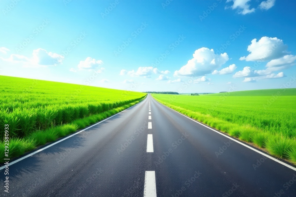 Asphalt Road Cutting Through Verdant Fields Under a Bright Blue Sky with Fluffy White Clouds, Evoking a Sense of Tranquility and Open Road Adventure Asphalt Road Cutting Through Verdant Fields Under a Bright Blue Sky with Fluffy White Clouds, Evoking a Sense of Tranquility and Open Road Adventure