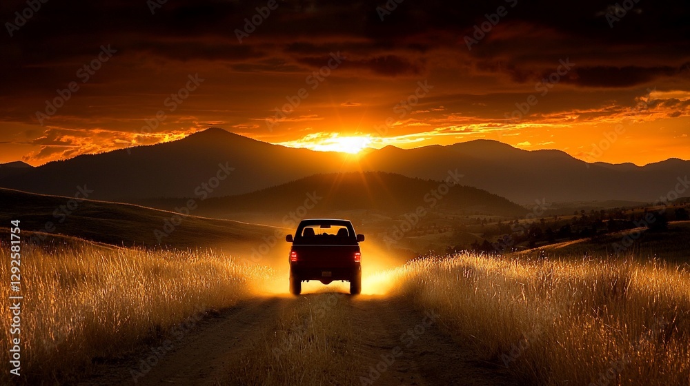 Fototapeta premium Sunset Silhouette of Truck on Dirt Road.