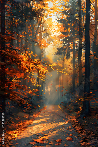 Serene Forest Path at Sunset Painting: Rough Brush Textured Artwork Depicting Tranquil Evening in Nature