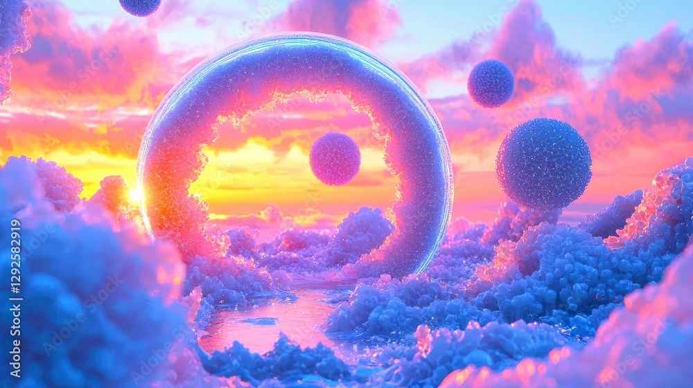 Obraz premium Ethereal Landscape Featuring a Luminous Donut Shape and Spherical Orbs Floating Among Cloud Formations