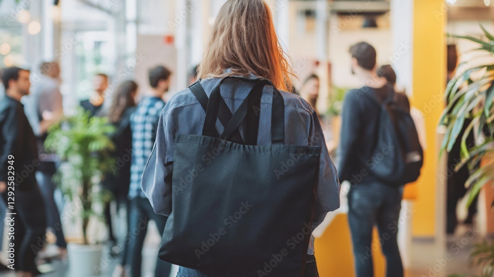 Naklejka premium Woman with Tote Bag in Busy Modern Office Space
