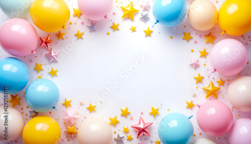 A delightful pastel balloon arch in shades of colorful adorned with sparkling stars and whimsical confetti. 