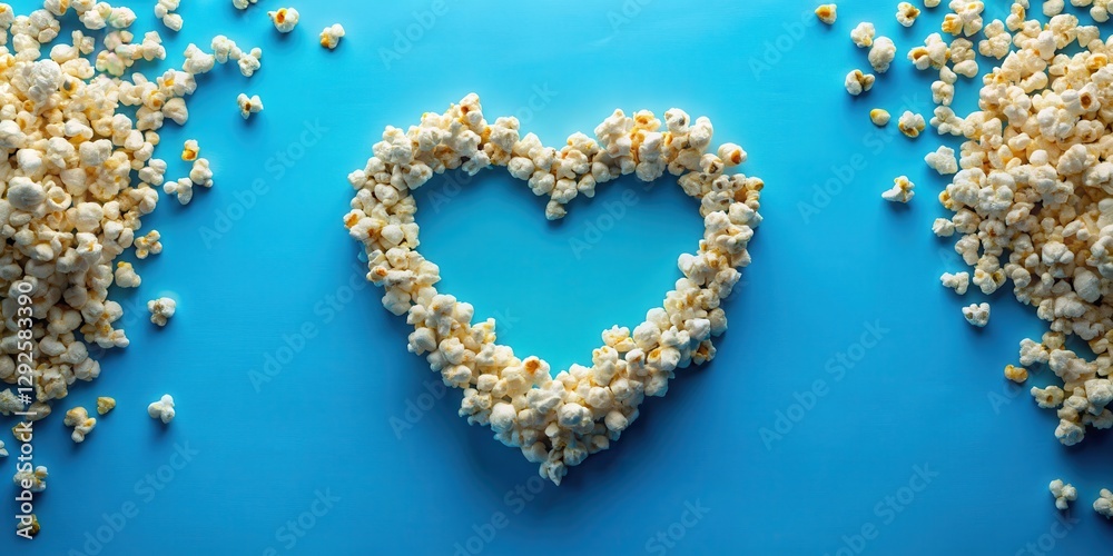 A heart-shaped arrangement of popcorn kernels on a vibrant blue background, surrounded by scattered popcorn pieces. A heart-shaped arrangement of popcorn kernels on a vibrant blue background, surrounded by scattered popcorn pieces.