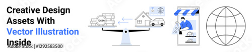 Scale balancing taxes against house and car, online shopping icon, and global connectivity globe. Ideal for finance, economy, housing, e-commerce, budgeting, global trade flat landing page banner