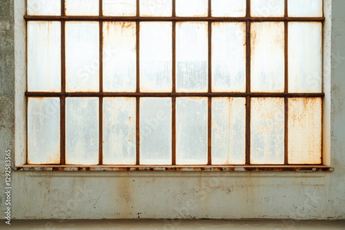 Large factory window with dirty glass and rusted frame, showcasing industrial decay and age. weathered appearance evokes sense of nostalgia and history