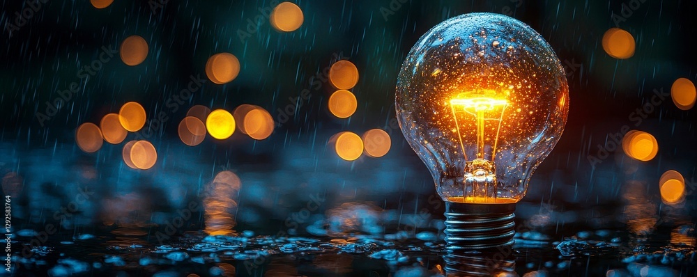 Illuminated Lightbulb Under Rainy Sky Concept of Idea Spark Inspiration And Creative Innovation Illuminated Lightbulb Under Rainy Sky Concept of Idea Spark Inspiration And Creative Innovation