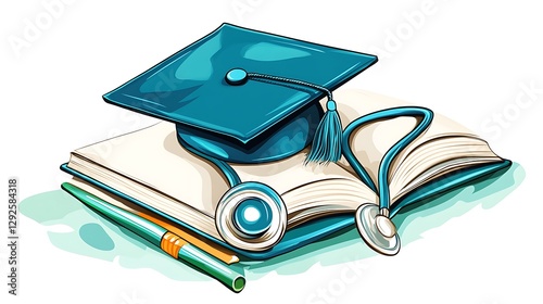 Graduation Cap, Stethoscope, and Open Book: A Vibrant Illustration of Medical Education AI Generated