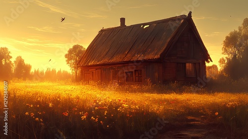 A rustic wooden house at sunset surrounded by vibrant wildflowers.