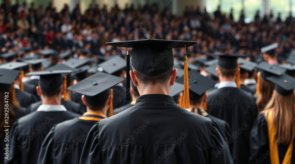 Rear view of university graduates wearing graduation gown and cap in the commencement day Rear view of university graduates wearing graduation gown and cap in the commencement day