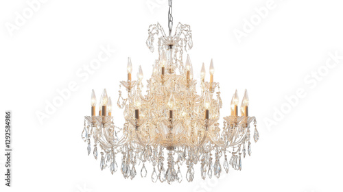 A luxurious crystal chandelier with multiple tiers of sparkling pendants, hanging elegantly against a clean white backdrop.