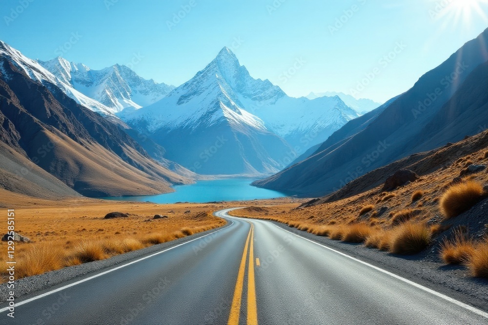 Naklejka premium Asphalt ribbon unwinding through a majestic mountain pass, alongside a tranquil azure lake, bathed in the golden sunlight of a brilliant day.