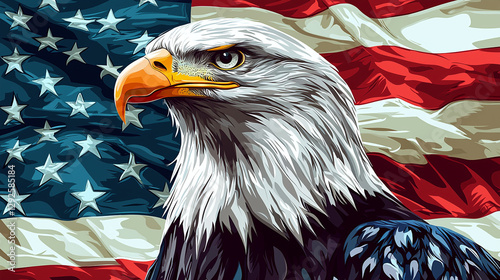 Majestic bald eagle portrait against american flag background usa red bird blue power pride stars