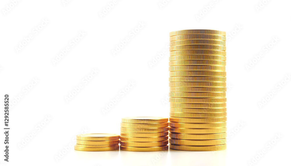 A stack of gold coins stands tall lying beside it on a plain background A stack of gold coins stands tall lying beside it on a plain background