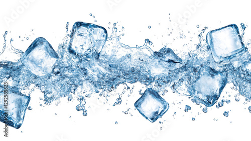 Crystal clear water splash with ice cube in motion
