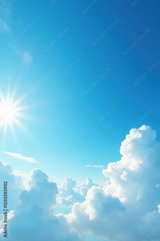 A Serene Panorama of Fluffy White Clouds Drifting Across a Vivid Azure Sky, Bathed in the Golden Rays of a Bright Sun A Serene Panorama of Fluffy White Clouds Drifting Across a Vivid Azure Sky, Bathed in the Golden Rays of a Bright Sun