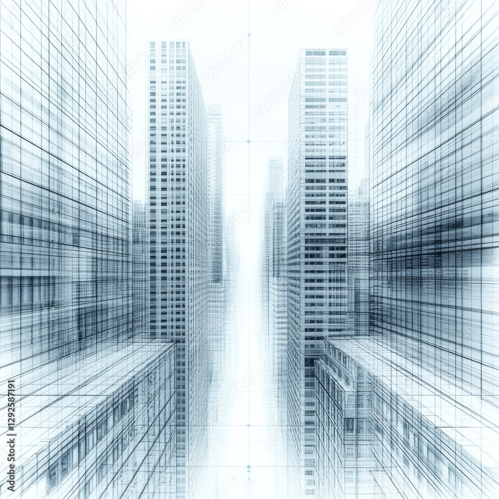 Fototapeta premium Abstract Cityscape with Glass Buildings in Monochrome Perspective for Modern Architecture Illustrations and Backgrounds