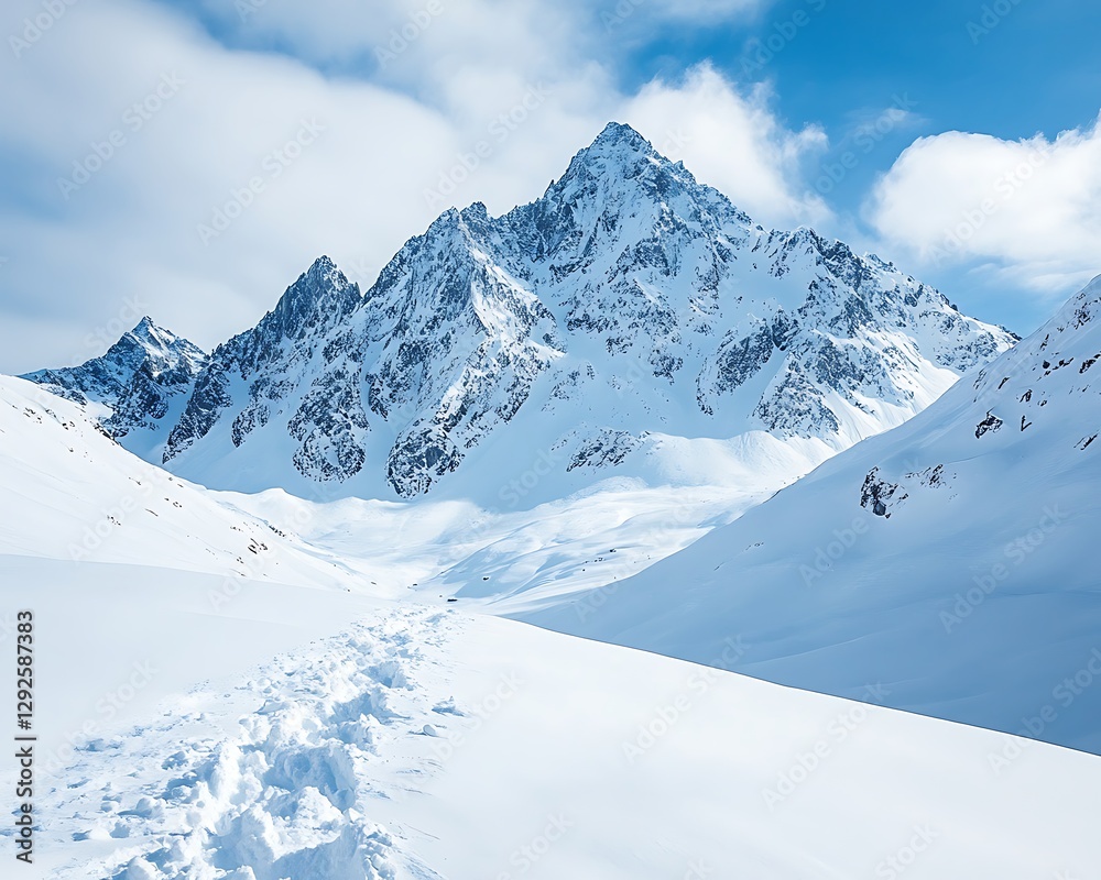 Fototapeta premium Snowy mountain path, winter landscape, scenic view