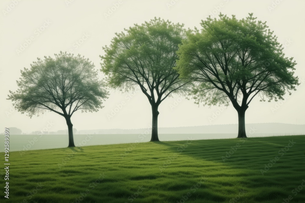 Obraz premium three trees in a row on a grassy hill with a foggy sky