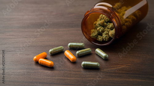 bottle of cannabis with spilled capsules on wooden surface, showcasing contrast between natural and synthetic substances