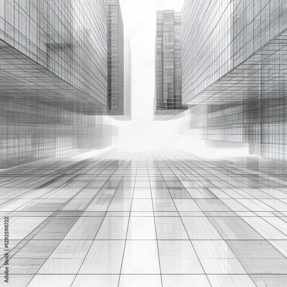Fototapeta premium Abstract Architectural View of Transparent Skyscrapers with Reflective Surfaces and Grid Patterned Floor in Urban Environment