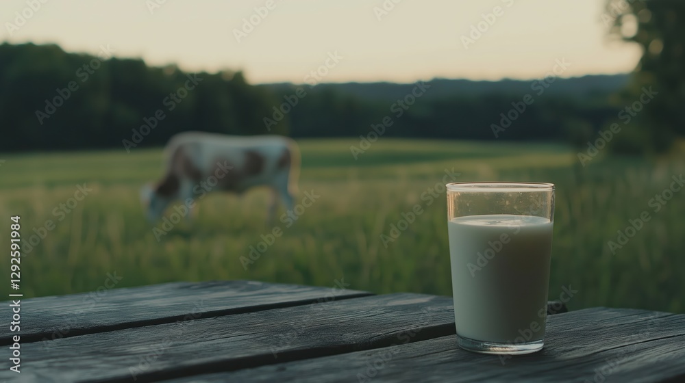 Fresh milk in a glass on a rustic wooden table with a cow grazing Fresh milk in a glass on a rustic wooden table with a cow grazing