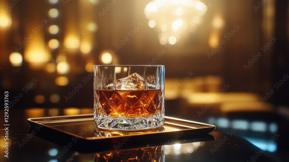glass of whiskey with ice on tray, set in chic, dimly lit bar. warm ambiance creates sophisticated atmosphere, perfect for relaxation glass of whiskey with ice on tray, set in chic, dimly lit bar. warm ambiance creates sophisticated atmosphere, perfect for relaxation