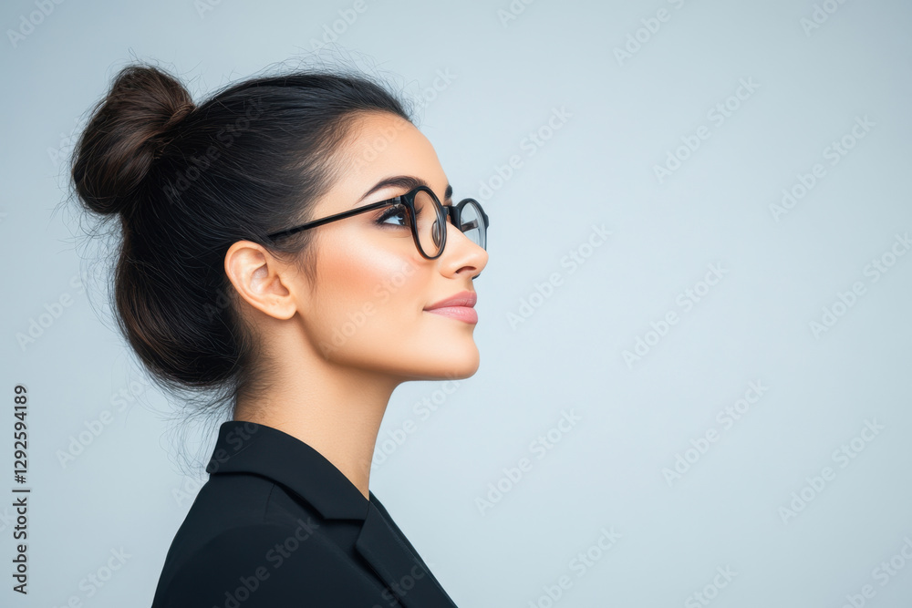 professional woman with glasses and bun hairstyle, showcasing confidence and elegance in side profile professional woman with glasses and bun hairstyle, showcasing confidence and elegance in side profile