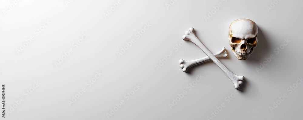 Creepy Skull and Bones Against Plain Backdrop with Shadowy Overtones for Haunting Imagery Creepy Skull and Bones Against Plain Backdrop with Shadowy Overtones for Haunting Imagery