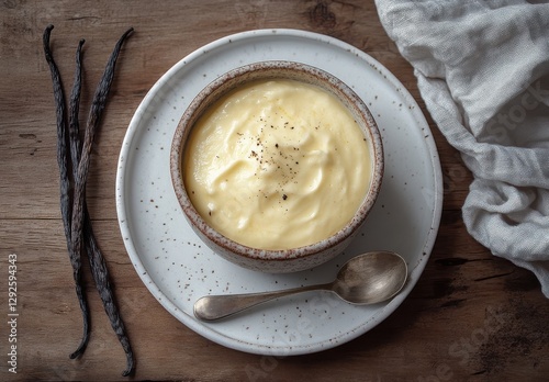 Creamy Vanilla Custard in a Rustic Bowl Surrounded by Vanilla Pods and a Vintage Spoon on a Wooden Table with a Soft Linen Cloth