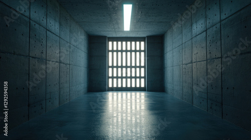 dimly lit prison cell with concrete walls and barred door, creating somber atmosphere. light from barred window casts shadows on floor, enhancing feeling of confinement