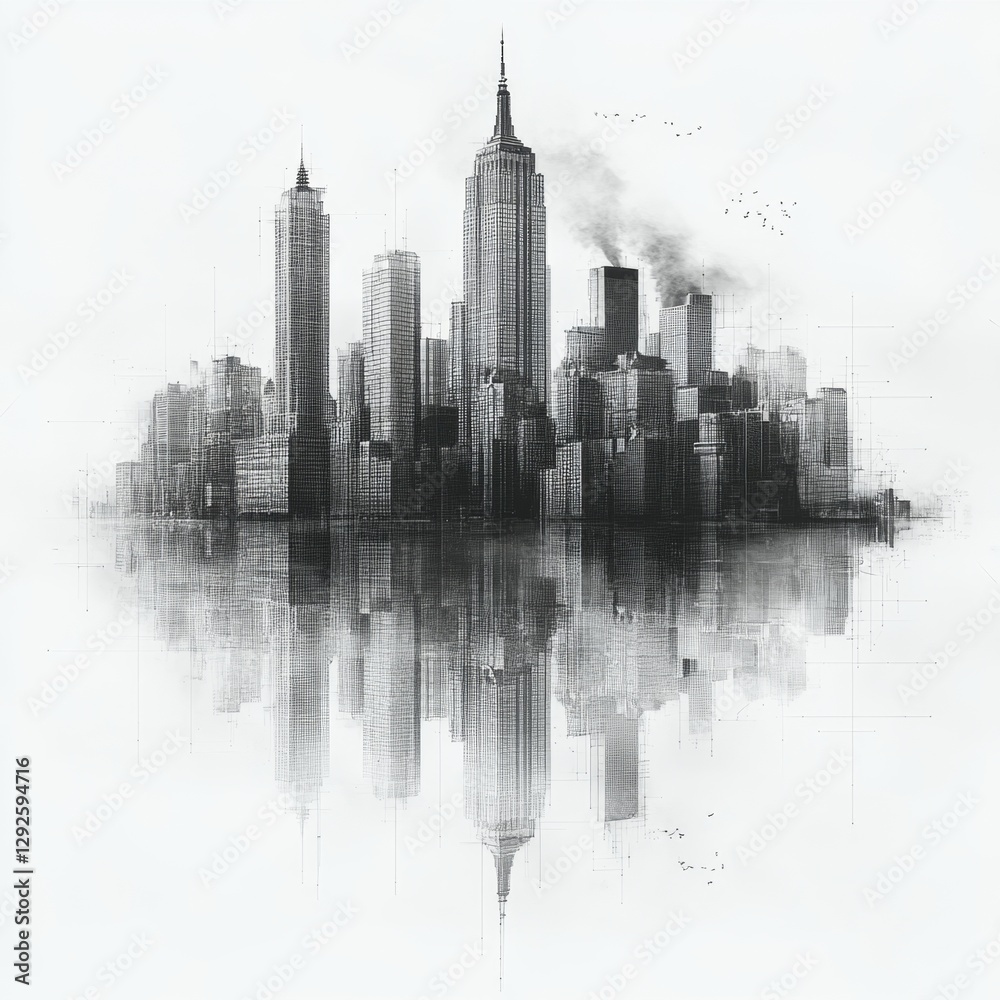 Fototapeta premium Monochrome Skyline of Urban City with Reflections in Water Showcasing Skyscrapers and Iconic Architecture Under Cloudy Atmosphere