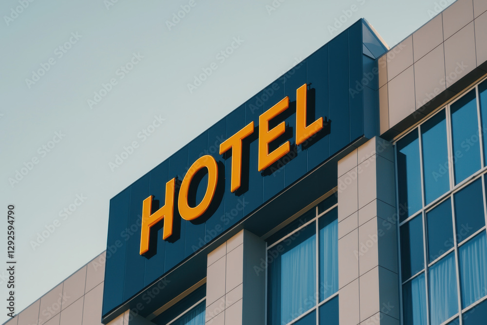 Fototapeta premium Hotel sign on modern building, showcasing welcoming atmosphere and contemporary design. bright letters stand out against sleek facade, inviting guests to enter