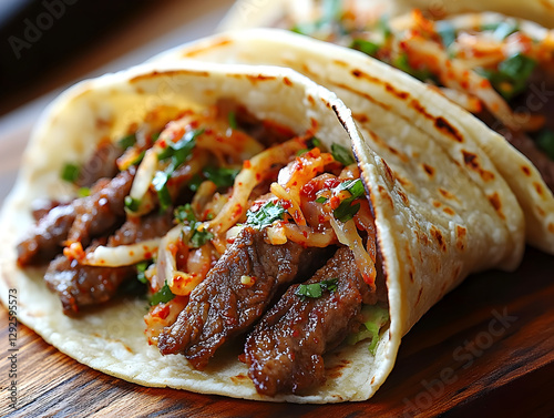 A smoky Korean bulgogi taco topped with kimchi slaw. photo