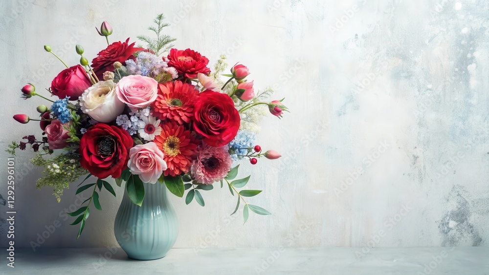 Fototapeta premium Vibrant Bouquet of Red, Pink, and White Flowers in a Light Blue Vase Against a Textured Background