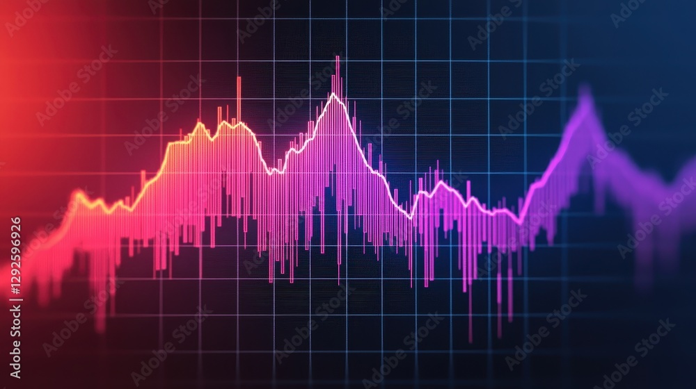 A vibrant digital graph displaying fluctuating data trends in shades of pink and blue, set against a dark background with grid lines. A vibrant digital graph displaying fluctuating data trends in shades of pink and blue, set against a dark background with grid lines.