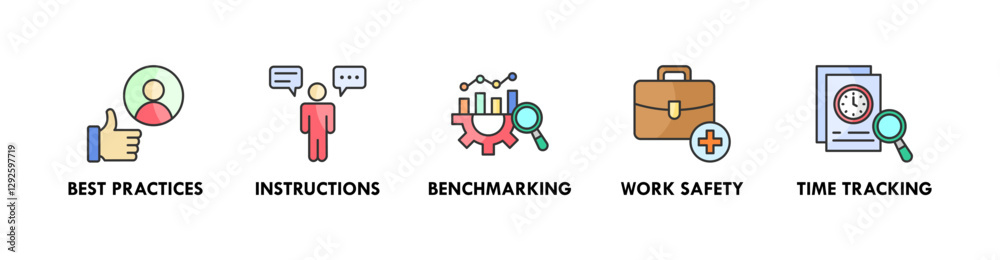 SOP banner web icon illustration concept with icon of best practices, instructions, benchmarking, work safety, and time tracking SOP banner web icon illustration concept with icon of best practices, instructions, benchmarking, work safety, and time tracking