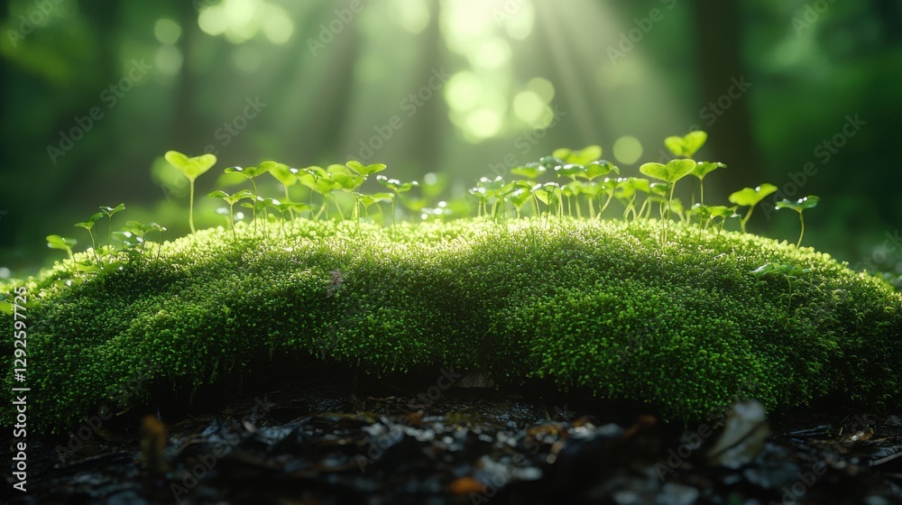 Fototapeta premium Lush Green Moss Carpet with Tiny Plants Sunlight in Forest Nature Background
