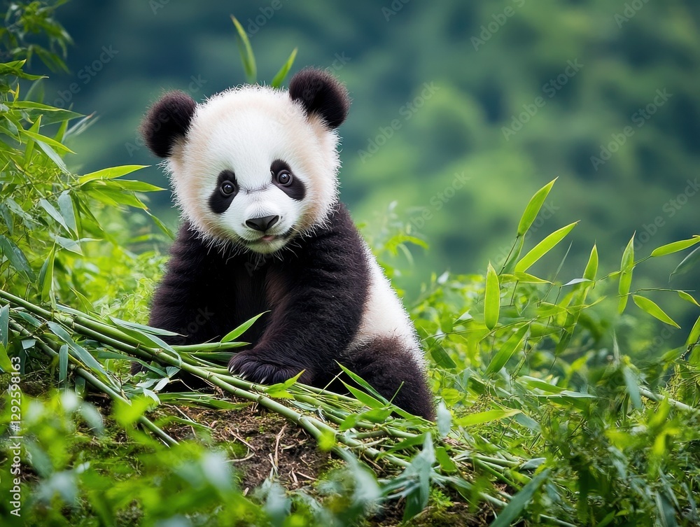 Obraz premium Adorable Young Panda Bear Sitting Amongst Lush Green Bamboo Forest
