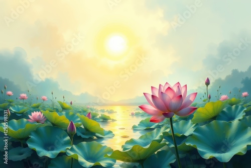 painting of a beautiful pink lotus flower in a lake with a sunset
