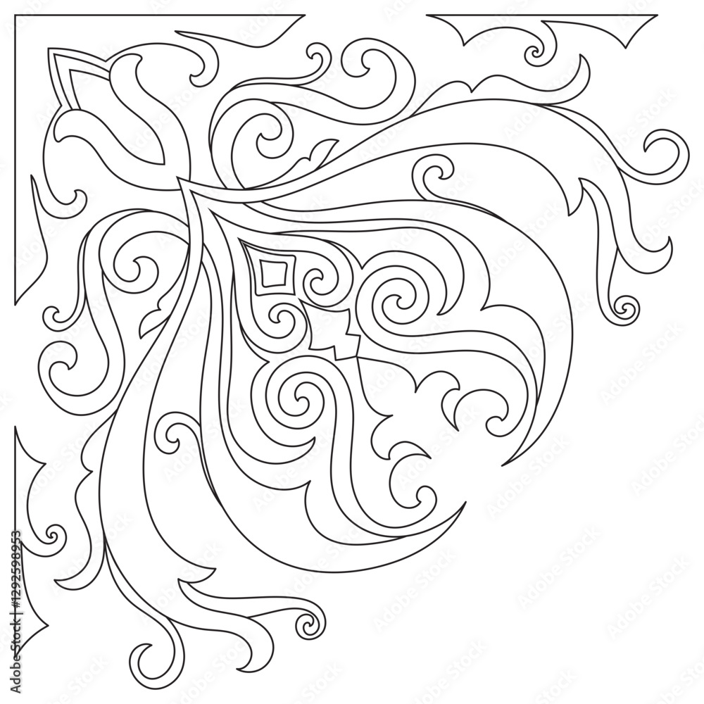 Fototapeta premium Black abstract corner lines for carpet patterns, vintage corners, paper edges.