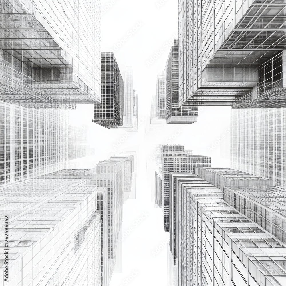 Fototapeta premium Abstract View of Urban Skyscrapers with Glass Facades Under Clear Sky in Black and White