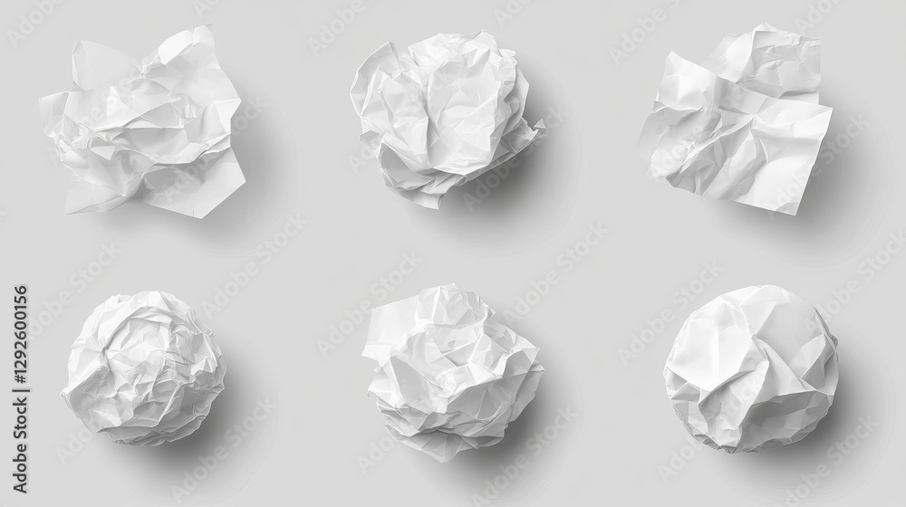 Crumple paper ball, white 3d crinkle trash vector isolated on transparent background. Waste scrunch garbage icon set. Realistic wrinkled page. Messy throw rumple grunge sheet. Mistake in document Crumple paper ball, white 3d crinkle trash vector isolated on transparent background. Waste scrunch garbage icon set. Realistic wrinkled page. Messy throw rumple grunge sheet. Mistake in document