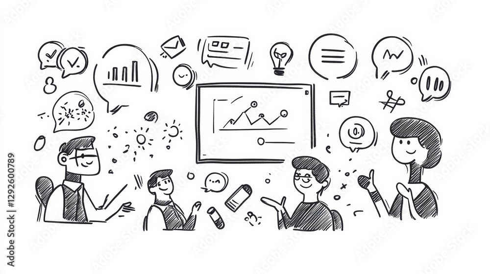 Set of doodle icons business meeting, conference, teamwork discussion, partnership, handshake. Speech bubbles, white board with chart, online communication isolated signs, Line art vector illustration Set of doodle icons business meeting, conference, teamwork discussion, partnership, handshake. Speech bubbles, white board with chart, online communication isolated signs, Line art vector illustration