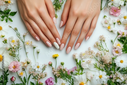 Well-manicured hands with pale pink and white nails, adorned by delicate flowers. Perfect for beauty, spa, and nail salon marketing materials.